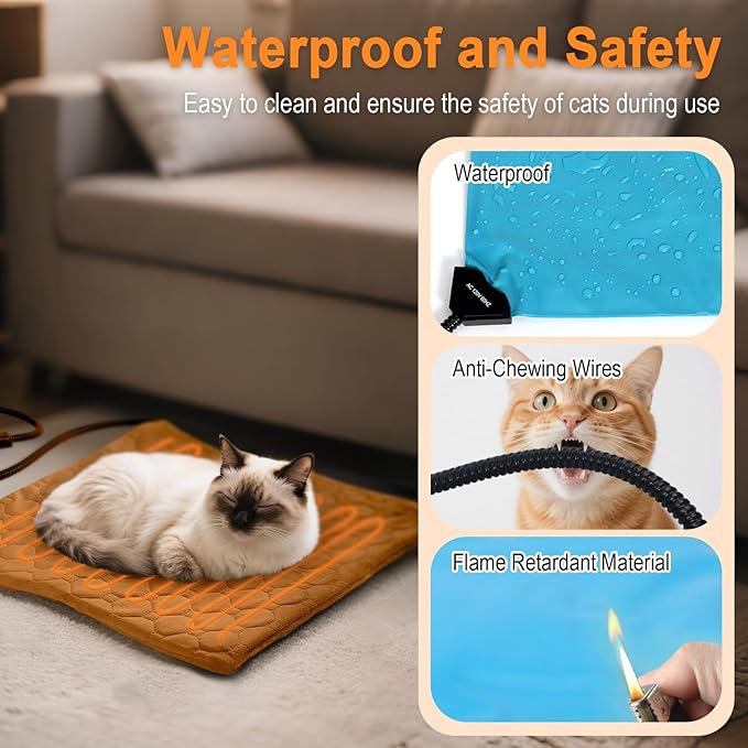 Cat Heating Pad, 6 Adjustable Temperature & 5 Timer Options, 15.7'' x 27.5'' Pet Heating Pad for Cats Dogs, Waterproof Indoor Outdoor Electric Heated Cat Bed Dog Mat with Chew-Resistant Cord (Brown)
