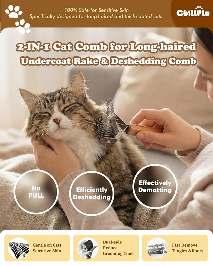 Cat Brush for Long Haired Cats - Double Sided Dematting Undercoat Rake for Persian, Ragdoll, Maine Coon - Professional Grooming Tool to Remove Mats, Tangles & Shedding - Skin-Safe Teeth