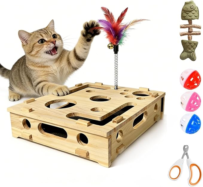 Cat Nail File Enrichment Box - Cat Scratch Puzzle with Bell Ball & Sandpaper, Stress-Free Alternative to Cat Nail Clipper, Cat Nail File Toy for Claw Care (A- Detachable)