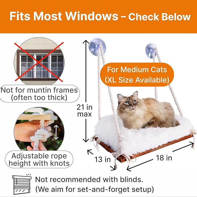 Cat Hammock with Industrial-Grade Suction Cups - Solid Pine Wood Seat, Soft Cushion - 42 lb Capacity