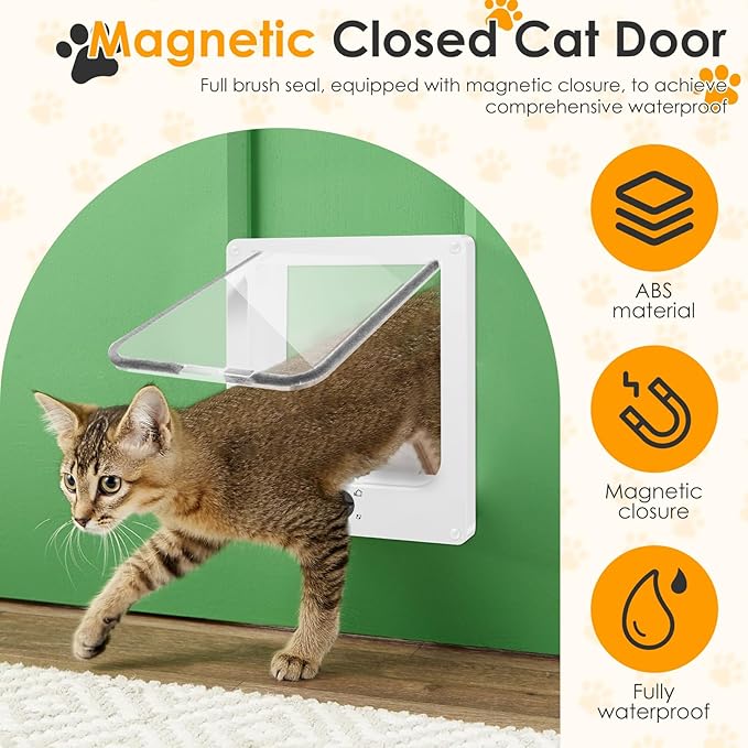 Cat Door Interior Door, 4-Way Lock Indoor Cat Doors, Magnetic Closure Reinforced Pet Doors for Cats up to 18 Lbs, Easy DIY Installation for Interior and Exterior Doors