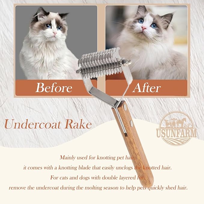Large 2-Sided Undercoat Rake for Dogs and Cats，Professional Pet Grooming Shedding Tool Combs for animals，Stainless Steel with Wooden Handle for Thick Coats(14-Blades)