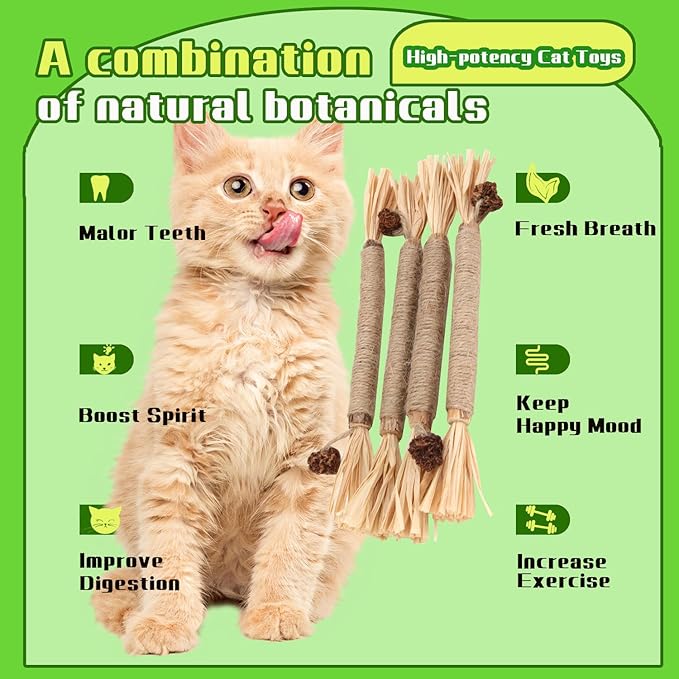 Interactive Cat Catnip Chew Toys, Natural Silvervine Teething Sticks, Jute Rope Wrapped Dental Care with Raffia Tassels (3Pcs Tiny)