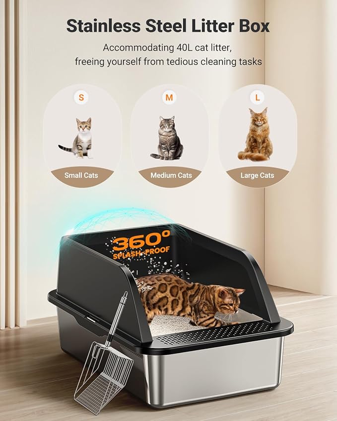 XL Stainless Steel Litter Box, Extra Large Metal Cat Litter Box with High Sided for Big Cats, Enclosed Litter Boxed with Lid, Easy-Clean Cat Litter Mat & Scoop Kit, Anti-Urine Leakage (Black)