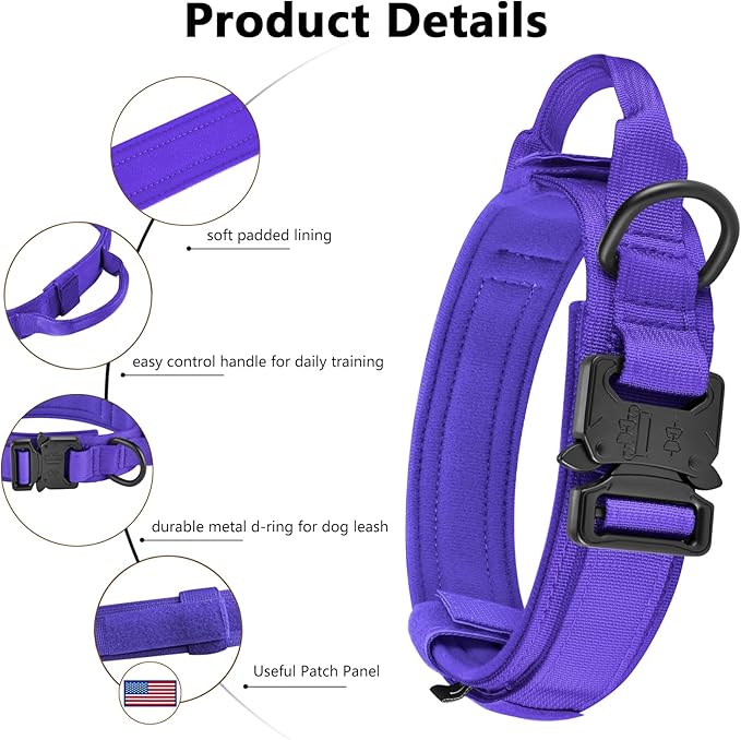 DAGANXI Tactical Dog Collar, Adjustable Military Training Nylon Dog Collar with Control Handle and Heavy Metal Buckle for Medium and Large Dogs, with Patches and Airtags Case (Purple, XL)