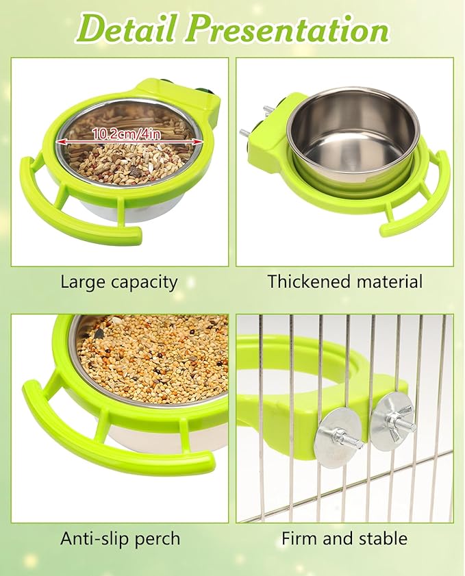 BNOSDM 2 PCS Bird Feeding Dish Cups with Perch Stand Hanging Stainless Steel Bird Bowls Food Container Food and Water Bowls with Spoon for Budgie Cockatoo Finch Lovebirds Pigeons (Green&White)