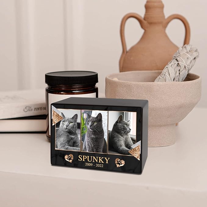 Custom Pet Keepsake Urns for Cats, Wooden Box for Pet Ashes with Photo for Your Beloved Pets, Pet Cremation Urns as Sympathy Gifts for Pet Lovers - Small, 6" x 4" x 2.75" Pet Urn (Spunky)