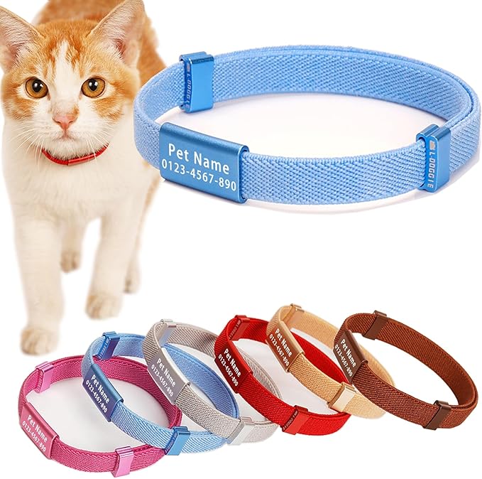 Minimalist Stretch Lightweight Custom Engraved Cat Collar with Name Tag Personalized Cat Collars for Kitten Boy & Girl Cats (Blue, Collar with Nameplate)