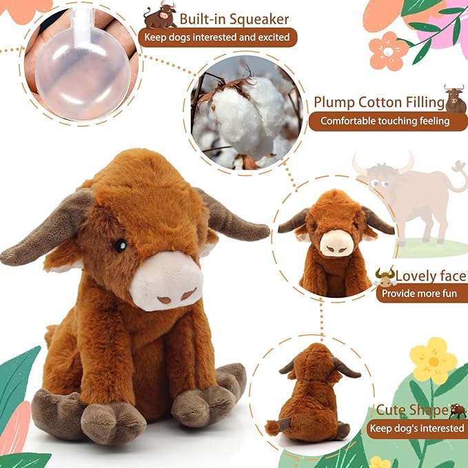 Highland Cow Dog Toy, Squeaky Dog Toys Stuffed Plush Puppy Toy, Interactive Gifts for Small Large Dogs