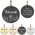 Anavia Floral Pet ID Tags, Birth Month Flowers Theme Dog Tag Round Bone Shape Cat Name Tag, Glossy Stainless Steel Gold Plated Dog Collar Tag (Round - Flower Field - Black, Small)