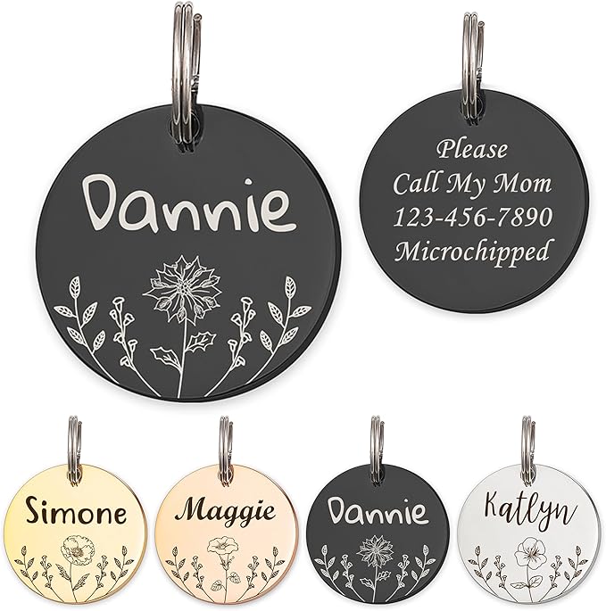 Anavia Floral Pet ID Tags, Birth Month Flowers Theme Dog Tag Round Bone Shape Cat Name Tag, Glossy Stainless Steel Gold Plated Dog Collar Tag (Round - Flower Field - Black, Small)