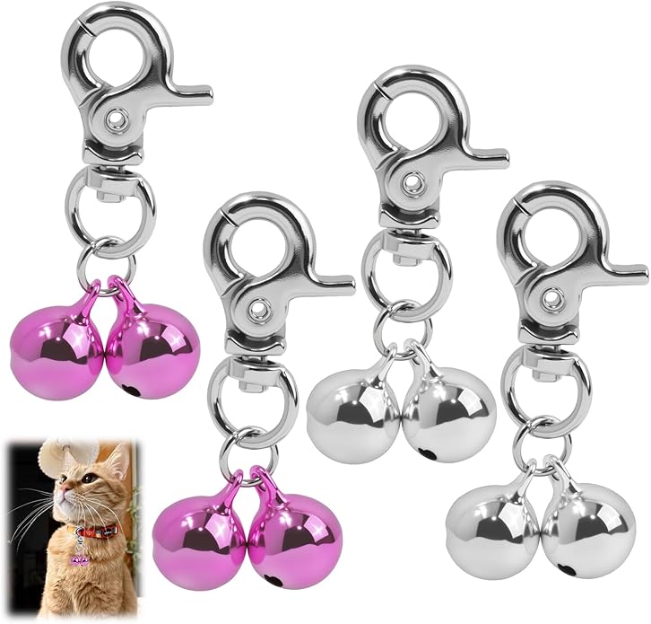 4 Pcs Dog Collar Bells, with Secure Stainless Steel Buckle Loud Jingle Noise Training Pendants and Pet Charm Accessories for Outdoor, Suitable for Dogs and Cats Collars (Silver and Pink)