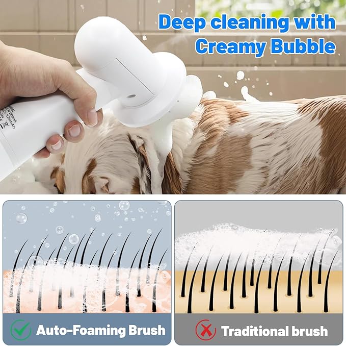 Electric Rotating Massage Dog Shampoo Dispenser with Foam Brush | Rechargeable Pet Bath Tool for Short/Long Hair Grooming & Bathing