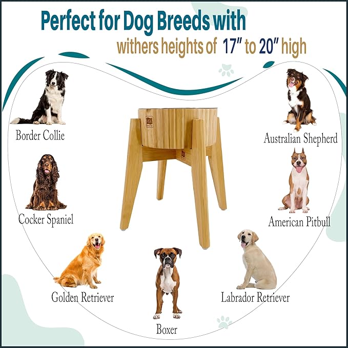 Elevated Slow Feeder Dog Bowls Large Breed - (12-inch-high) - Raised Bowl with Anti-Choking Insert - Stainless Metal and Bamboo