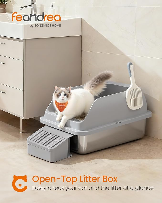 Feandrea Stainless Steel Cat Litter Box with Open Top, High Sided Litter Tray with Step, Scoop, Brush, for Cats up to 33 lb, Slate Gray UPPT008GN01
