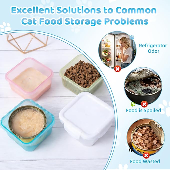 Canned Cat Food Storage Can Container for 3oz Cat Cans,4 Pack Airtight Pet Food Sealer with Snap-Lock Cover Lids and Stainless Steel Spoon for 2.56''/65mm Small Cans