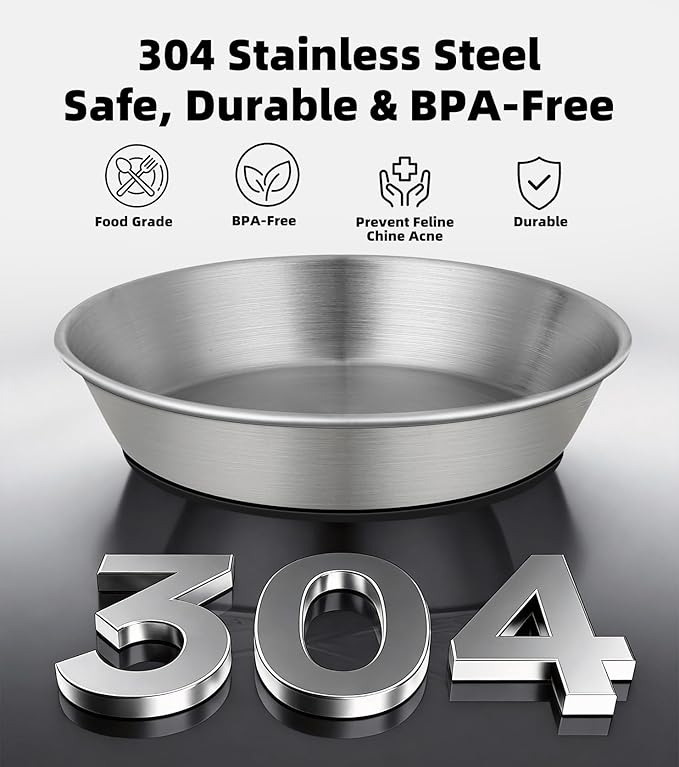 2 Pack-1.7Cup(14 fl oz) -304 Stainless Steel Cat Bowls for Food and Water, Non-Slip Silicone Bottom Dishes, Size: 6" Width and 1.26" Height, for Cat or Small Dog