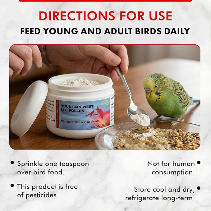 Morning Bird Mountain West Bee Pollen 4.5 oz – Natural Immune Support & Protein Powder for Birds – Boosts Strength, Feather Health & Energy – Easy to Mix with Food for All Bird Types