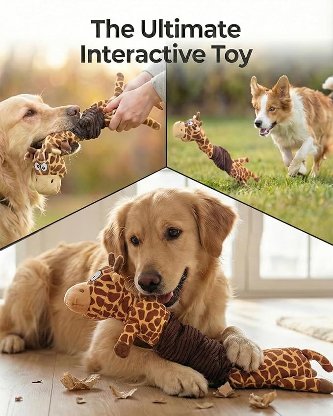 3-in-1 Squeaky Dog Toy for Chewer (Squeaker, Crinkle Paper & Elastic Band), Durable Interactive Puppy Plush Chew Toy for Boredom, Tug of-War, for Small Medium Large Breed (2 Pack, Giraffe,Unicorn)