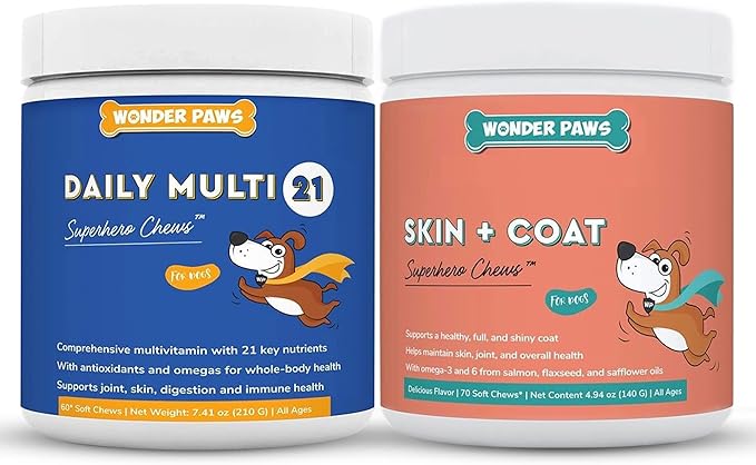 WONDER PAWS Daily Multivitamin Chews Plus Skin + Coat Chews - for Dogs Immune Support, Digestive Health, Joint Support, Skin & Coat - Daily Multi 60 Chews - Skin + Coat 70 Chews