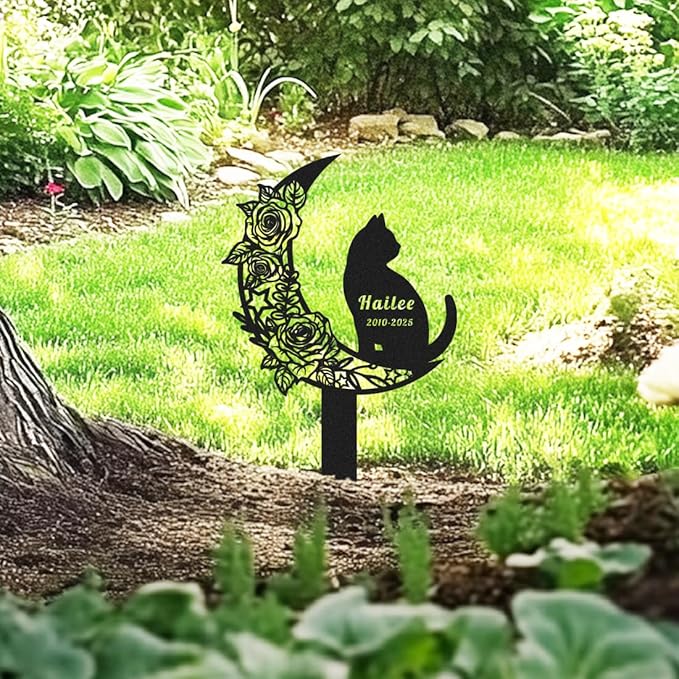 Custom Cat Memorial Grave Marker Burial Stake, Personalized Rose Flowers Moon Cat Memorial Stake Garden Yard Sign for Outdoors, Customized Metal Cats Memorial Plaque Pet Loss Sympathy Gift