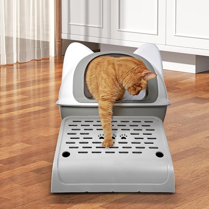 Cat Ramp for Litter Box Step, Plastic Automatic Litter Box Ramp Cat Steps Mat with Filter Function, Double Layered Self Cleaning Cats Stairs with Storage Space for Catcher (Grey)