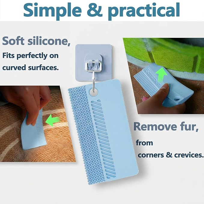 Self-Cleaning Cat Shedding Grooming Brush for Small Dog Pet Short Hair Remover Set Reusable Lint Removal Tool Carpet Scraper for Clothes Couch Bedding Furniture Car Blue