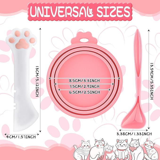 Uiifan Cat Food Lid Cat Food Can Covers Lids 8 Pcs Pet Can Supplies Set 5 Silicone Wet Kitten Foodstuff Tin Covers Lids 2 Silicone Dog Spoons 1 Paw Shape Multifunctional Opener for Pets(Pink)
