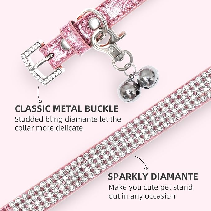 PUPTECK Basic Adjustable Cat Collar with Bling Diamond and Double Bells, for Kitten and Small Puppy, Fashion and Shining Dog Rhinestone Collars, 11-14in, Pink