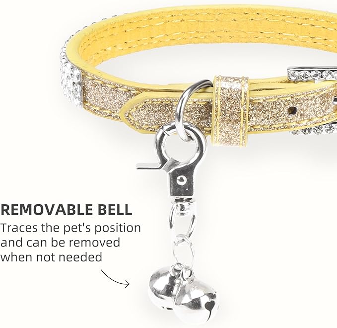 PUPTECK Basic Adjustable Cat Collar with Bling Diamond and Double Bells, for Kitten and Small Puppy, Fashion and Shining Dog Rhinestone Collars, 8-10in, Gold