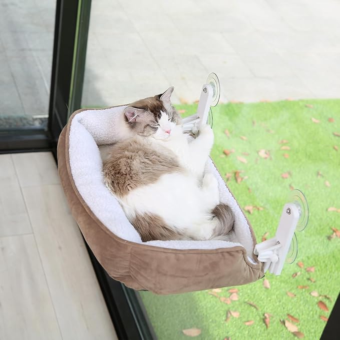 Zakkart Foldable Cat Hammock for Window with Bolster - Cordless, Three-Side Bolstered Machine Washable Fluffy Bed, Robust Metal Frame - Cat Window Perch for Large Cats and Kittens - Brown/White