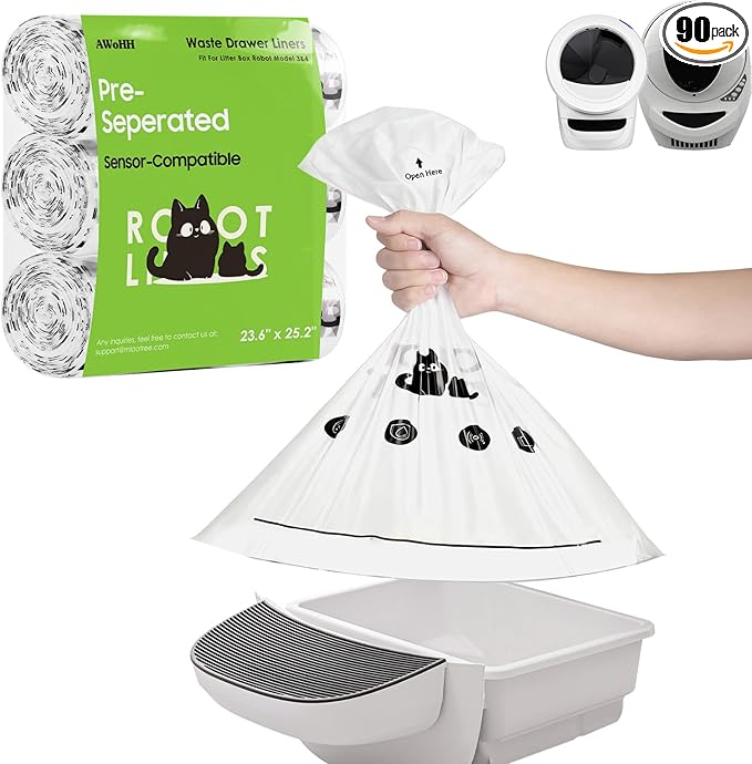 90 Pack Cat Litter Box Robot 5/4/3 Waste Bags, Tear-free, Automatic Litter Box Liners Bags, 9-11 Gallon Capacity - White