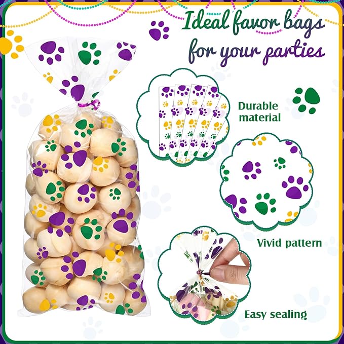 Blulu 100 Pieces Dog Treat Bags Puppy Party Favor Pet Paw Cone Cellophane Bags Candy Heat SealableDog Paw Gift with 100 Pieces Silver Twist Ties for Pet Cat Treat Party Favor(Carnival Colors)