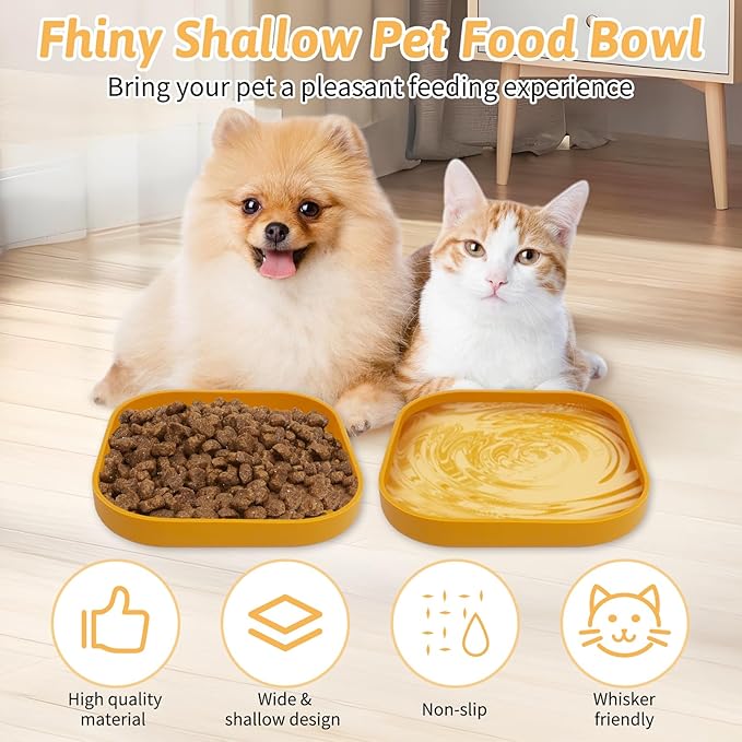 Fhiny 2PCS Silicone Cat Bowls Set 7.1 x 7.1 in Shallow Dog Dish Whisker Friendly Cat Food Plate for Dry & Wet Food Dishwasher Safe Non-Slip Pet Feeding Bowls for Kittens and Puppies (Yellow)