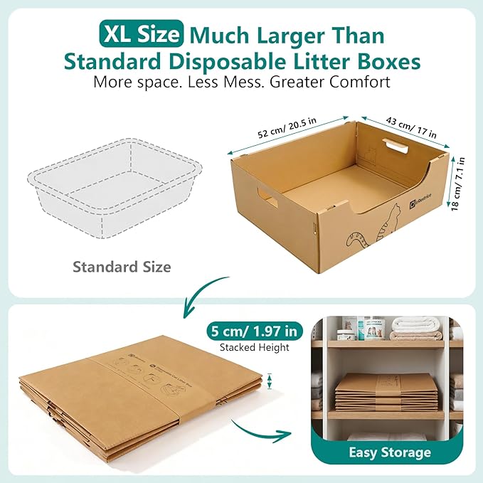 3-Pack Jumbo Disposable Cat Litter Box, Waterproof Cardboard Litter Box, Foldable & Portable for Travel and Home, Recyclable Disposable Litter Box