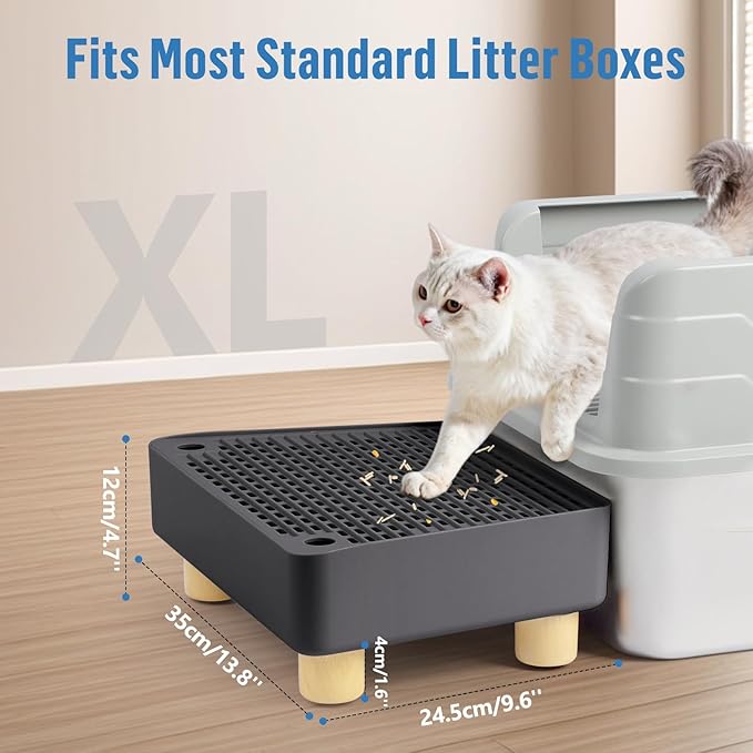 Extra Large Cat Litter Box Step Ramp, Cat's Litter Catcher Mat with Wooden Feet, Filter Function, Pedal Stool for Self-Cleaning Cat Litter Box, Ideal for Kitten & Elderly Cats (Dark Grey)