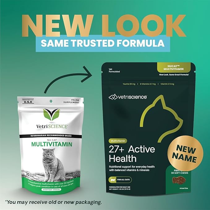 VetriScience 27+ Active Health Chews, Nu Cat Daily Multivitamin for Cats and Kittens, Balanced Vitamins, Minerals and Antioxidants, Health and Wellness Support, Fish, 30 Count