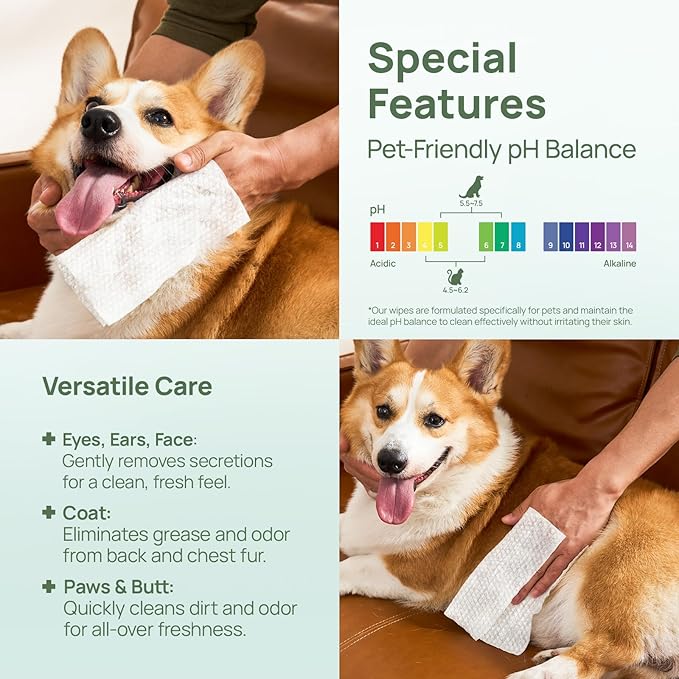 HICC PET Wipes for Dogs & Cats, Vet Recommended Cleaning Deodorizing & Soothing Allergy Infections Anal Gland Wipes, Hypoallergenic Hydrating & Nourish Fur Dog Grooming Wipes for Paw, Butt, Body