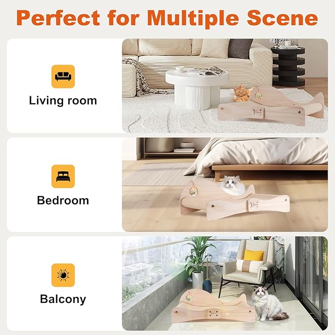Extra Large 3-in-1 Cat Scratcher Bed with Toy Balls: Natural Sisal Scratching Pad, Cat Indoor Scratching Bed for Large Cats Non-Tip Wood Base Multi-Cat Scratching Board & Scratching Couch Fish Design