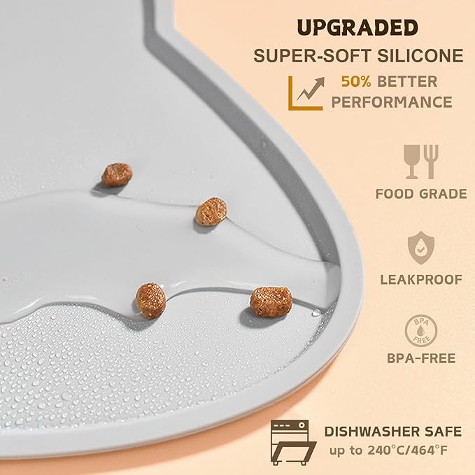 Cat Food Mat, Silicone Non Slip Dog Bowl Mat Waterproof Cat Feeding Mat Stop Food Spills and Water Messes Out to Floor Pet Food Mat (Light Gray, 17" x 10")