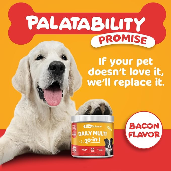 Paw Science Dog Vitamins and Supplements, 20-in-1 Multivitamin Treats for Dogs - Glucosamine, Probiotics, Wild Alaskan Salmon Oil, Chondroitin, MSM & More - Bacon Flavor - 90 Count