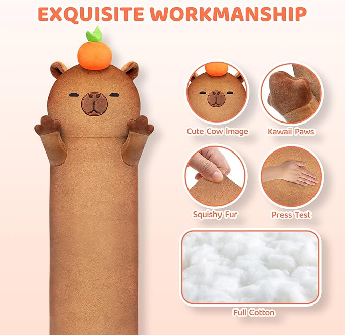 Mewaii Long Capybara Body Pillow Plush 5 Sizes, 120% Extra Filling Giant Plushness Kids Body Pillow, Kawaii Cute Capybara Capibara Stuffed Animals Plushies, Big Long Body Pillow Gift for Girls 20”