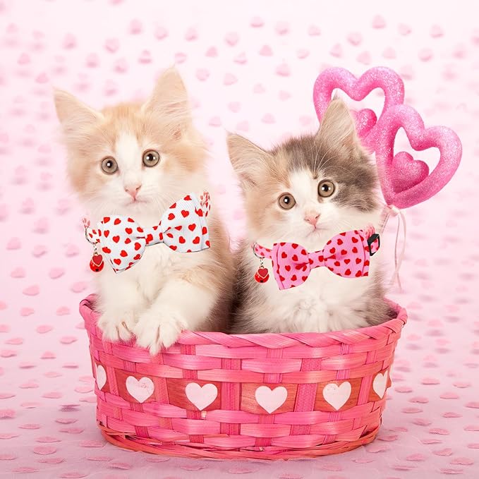 JarThenaAMCS 3Pcs Valentine's Day Cat Collar Love Heart Bowtie Collar with Breakaway Bell Red White Pink Adjustable Kitten Collar for Girl Boy Cat Small Pet