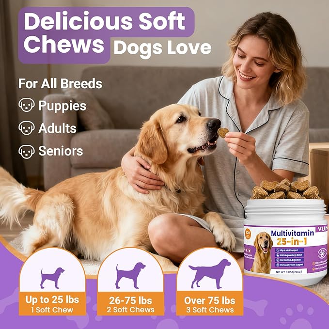 Dog Multivitamin 25 in 1 Dogs Vitamins Supplements Treats Chewable for Pet Omega-3 Glucosamine Vitamin for Puppy Supplies Skin Coat, Heart, Hips & Joints, Digestion & Immune System 100pcs