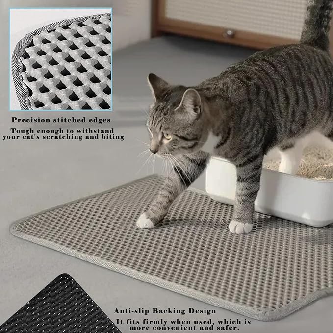 HCY&WLD Cat Litter Mat, Honeycomb Double Layer Cat Litter Trapping Mat, Waterproof Urine Proof Non-Slip, Scatter Control, Less Waste, Easier to Clean (Light Gray, 35" X 24")