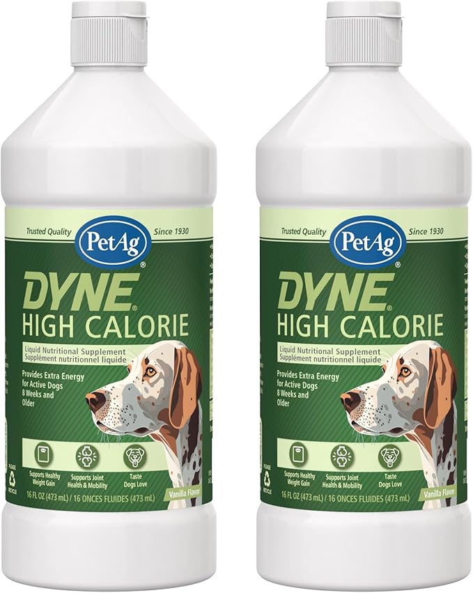 PetAg Dyne High Calorie Liquid Nutritional Supplement for Dogs & Puppies 8 Weeks and Older - 16 oz, Pack of 2 - Supports Performance and Endurance - Sweet Vanilla Flavor