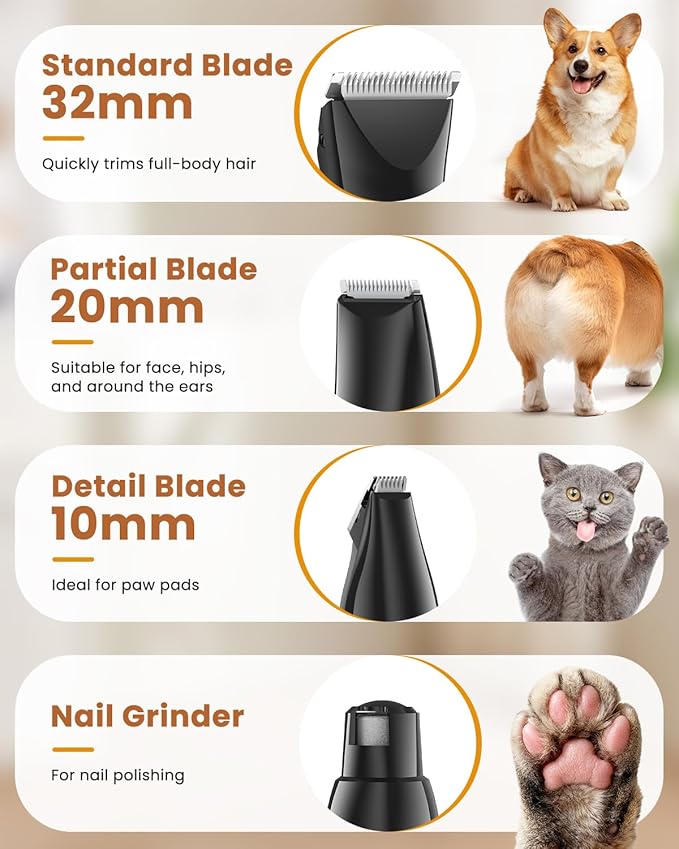 All-in-1 Dog & Cat Grooming Kit for Body, Face & Paws | Gentle Nail Grinder & Quiet Pet Clipper for Stress-Free Grooming at Home