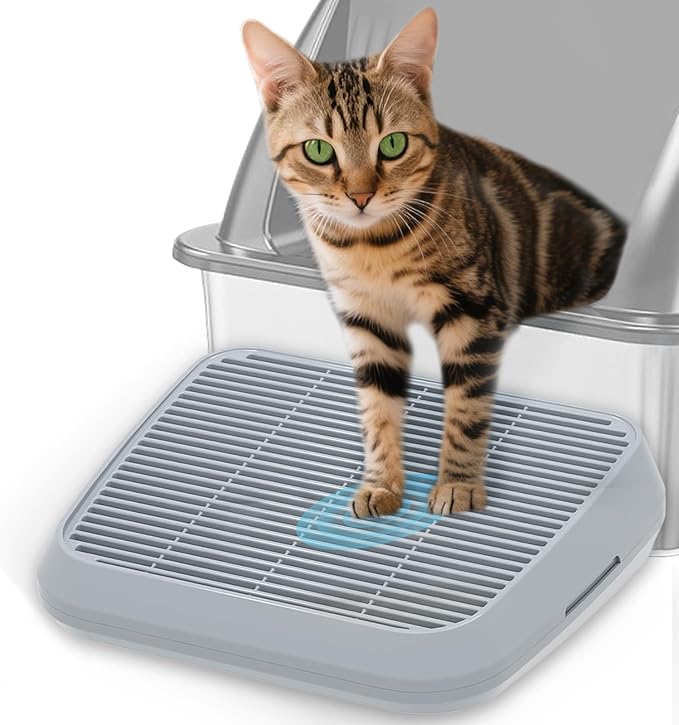 Elevated Litter Box Ramp/Steps for Kittens & Old Cats,Washable Litter Catcher Stairs for Automatic Cat Litter Box,Anti-Tracking Cat Litter Mat Pedal with Filter,Easy to Clean (Light Grey)