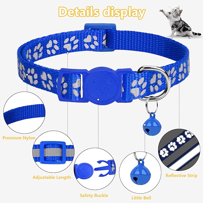 Taglory Reflective Cat Collar Breakaway with Bell, High Visibility Night Strip, Lightweight Adjustable Nylon Collar for Boy Girl Cats, 2 Pack, 7.5-12.5 Inch, Navy Blue