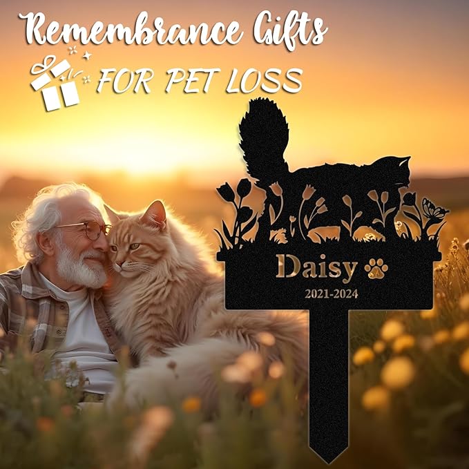 Personalized Pet Graves Marker Cat, Custom Waterproof Pet Headstone, Metal Memorial Plaques for Outdoor Graveyard, Cemetery Yard Decor, Cat Memorial Garden Stakes, Pet Remembrance Gift Color02